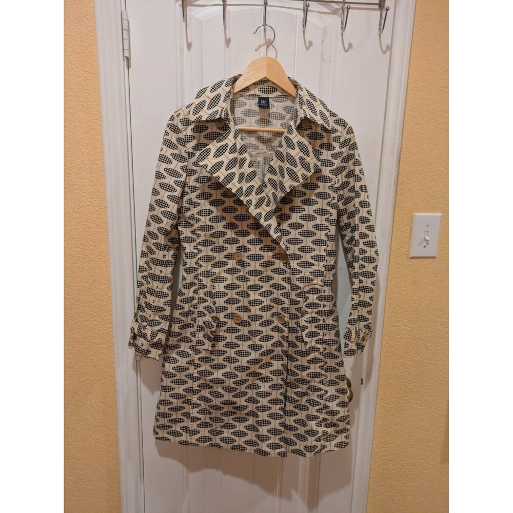 GAP Trench Coat, Geo Print, Ivory, Black & Tan, Sz: XS No Belt